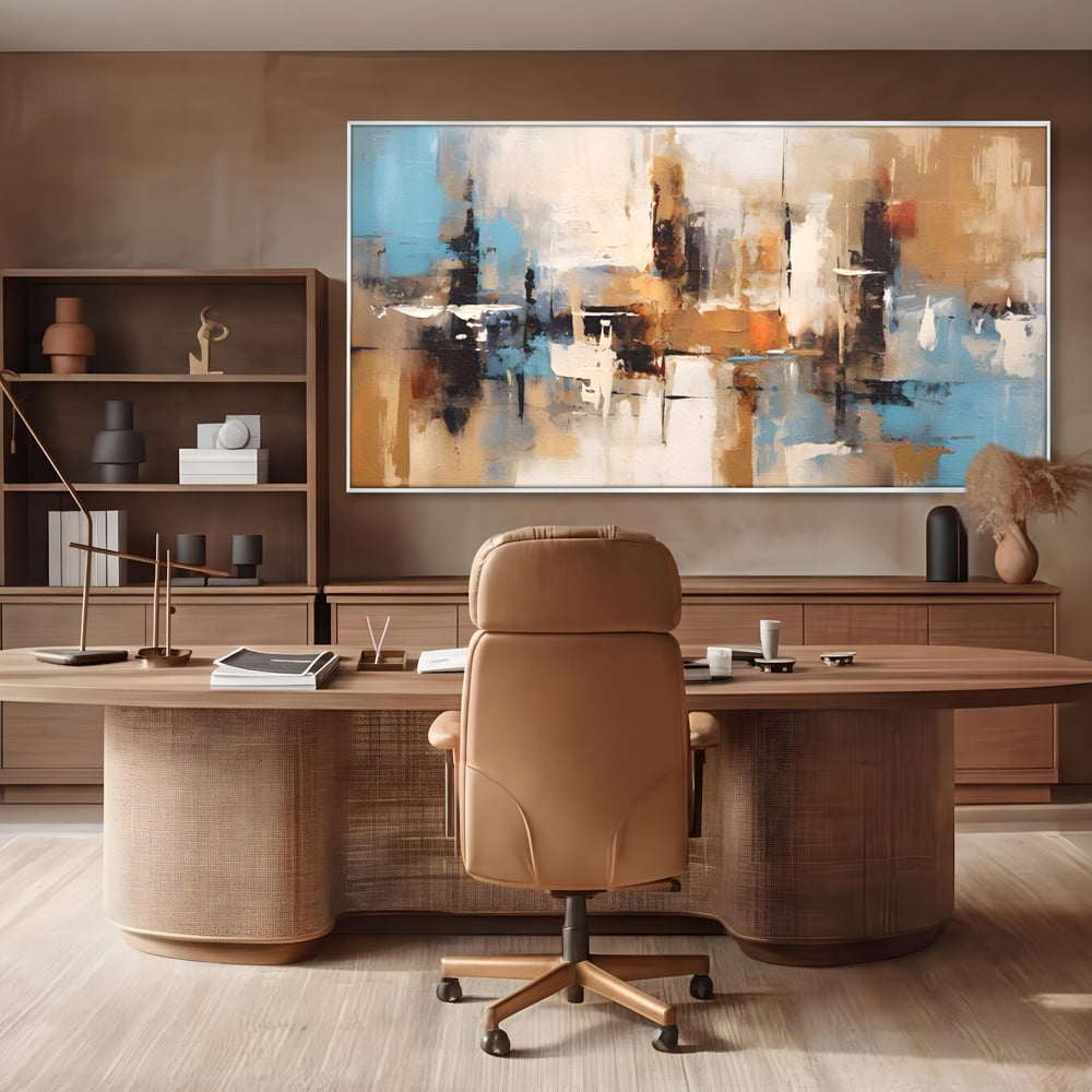 Tablou canvas cu pictura abstracta cu linii verticale, in rama de aluminiu argintiu, pe perete intr-un birou